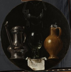 Emblematisches Stillleben mit Krug, Glas, Kanne und Zaumzeug, 1614